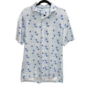 Johnnie O Mens Golf Polo Shirt Short Sleeve Floral‎ Print Blue White M